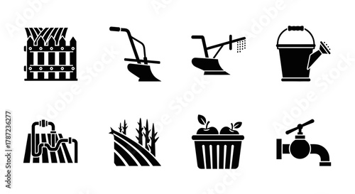 Icons of Agricultural Practices Farming Tools, Irrigation, Harvest, and Water Resource Management