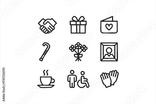Elderly care and compassion vector icons for support, love, and wellness design