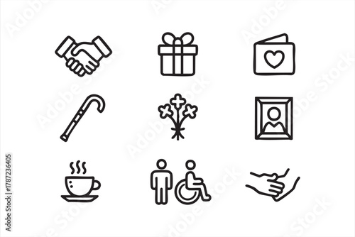 Minimal line art icons set representing kindness, gift, and social care concepts