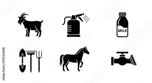 Agricultural Icons Collection Goat, Sprayer, Milk, and Tools in Vector Format