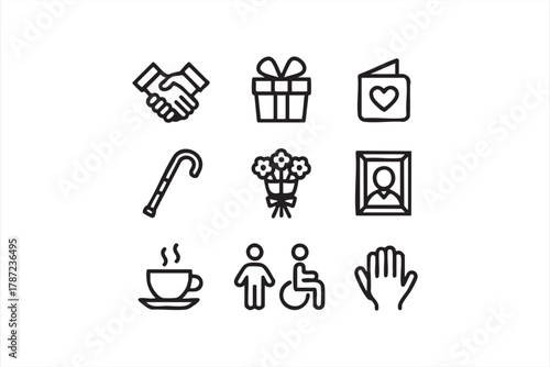 Compassion and care outline icons featuring support, flowers, and helping hands