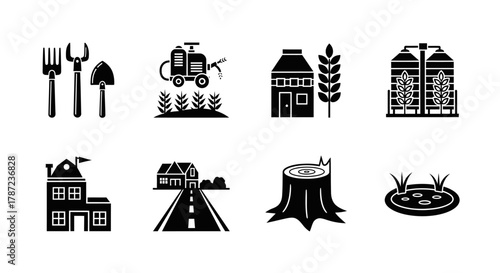 Agriculture and Farming Icons Tools, Harvesting, Buildings, and Environmental Aspects for Farming Projects