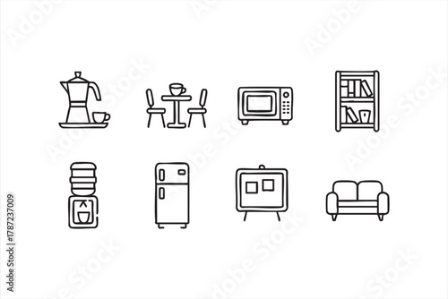 Minimal vector icons for office kitchen, relaxation, and meeting space design