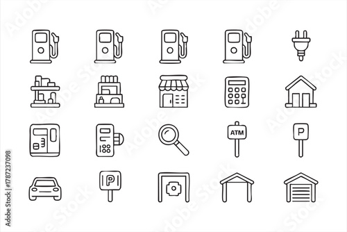 Modern outline icons of fuel pumps, parking, and car services for mobility visuals