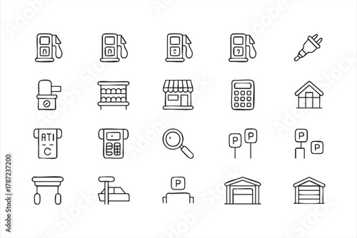 Minimal vector icon set for energy, automotive, and transport infrastructure