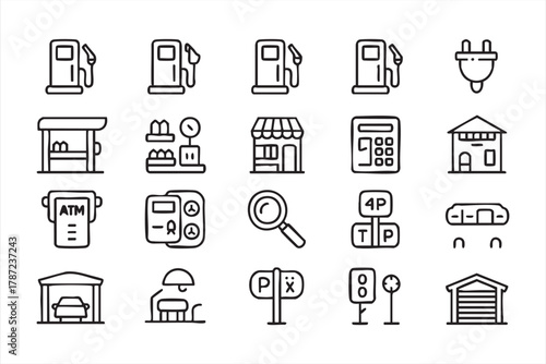 Gas pump and charging station icons collection for eco and travel branding