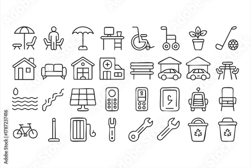 Retirement community vector icons for senior living, leisure, and wellness design