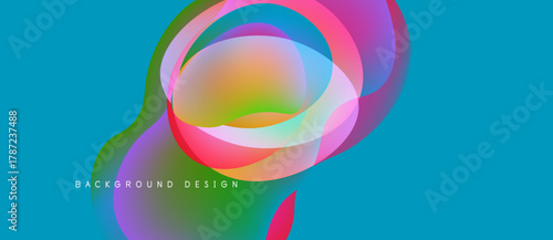 Abstract colorful shapes overlap, creating vibrant fluid design. Turquoise background enhances visual impact. Modern aesthetic.