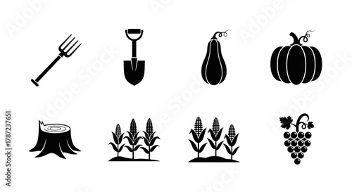 Harvest icons Fork, shovel, pumpkin, stump, corn, grapes, agriculture, farm, autumn, gardening