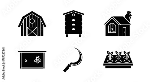 Rural farm life icons showcasing agriculture, apiary, animals, and crops in vector black silhouette
