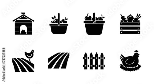Farm Fresh Produce Black and White Icons of Rustic Life, Organic Food, and Countryside Charm