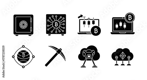 Bitcoin Safety & Technology Vault, Mining, and Cloud Network Vector Icons
