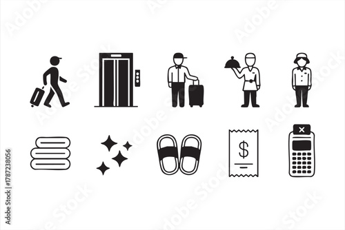 Hotel staff and guest service vector icons for travel and accommodation design