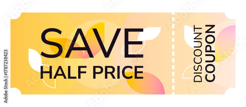 Half-price discount coupon with a geometric design. Vector template with gradient for promoting sales, promotions, and campaigns