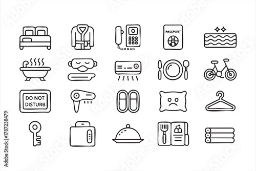 Minimal line art icons showing bed, towels, and room service for hotel branding