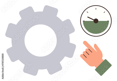Hand gesture pointing at a meter alongside a cogwheel representing optimization, progress, and system monitoring. Ideal for workflow, productivity, time tracking, goal setting, efficiency