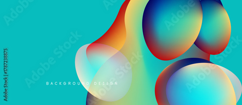 Abstract fluid shapes overlap, creating vibrant color gradients. Turquoise background complements dynamic composition. Modern design element.