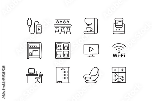 Modern hostel vector icons for travel, comfort, and community living themes