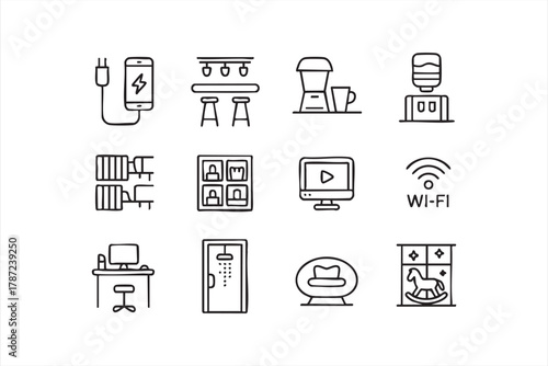 Minimal line art accommodation icons featuring Wi-Fi, bed, and coffee symbols