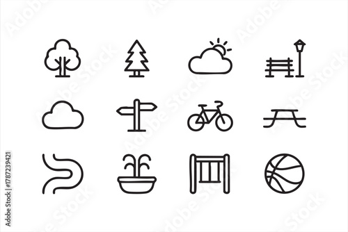 Minimal nature and leisure icon set featuring trees, benches, and paths