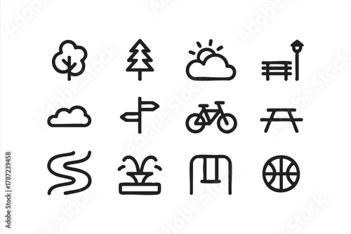 Green park and recreation symbols showing nature, cycling, and fountain themes