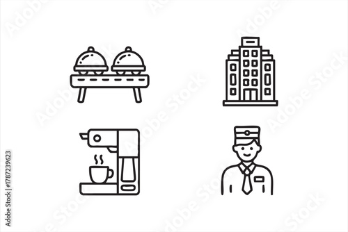 Minimal line art hotel building and service icons featuring buffet and coffee maker