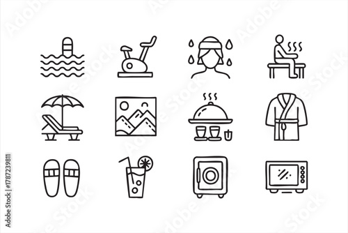 Minimal line art hotel and resort icons showing pool, sauna, and room service
