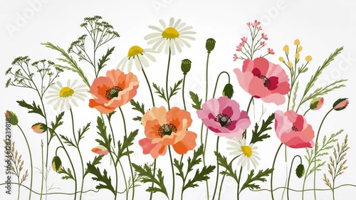 Wallpaper Mural Aesthetic Floral Illustration: Delicate Wildflowers Blooming Against a Clean White Background Torontodigital.ca