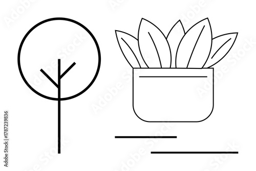 Abstract tree and houseplant in clean line style representing nature, growth, and simplicity. Ideal for environmental awareness, minimalism, eco-living, gardening, balance, calm sustainability
