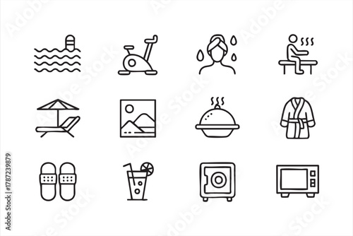 Modern resort amenities vector pack for travel, tourism, and leisure branding