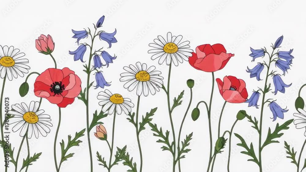 custom made wallpaper toronto digitalAesthetic Flower Border Animation with Poppies, Daisies, and Bellflowers Watercolor Style