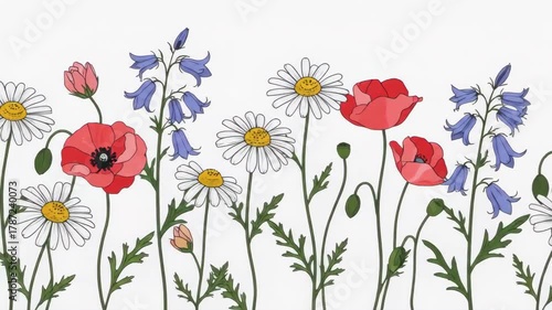 Wallpaper Mural Aesthetic Flower Border Animation with Poppies, Daisies, and Bellflowers Watercolor Style Torontodigital.ca