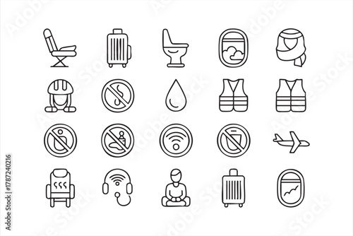 Minimal airline symbols set showing airplane, Wi-Fi, and passenger seat icons