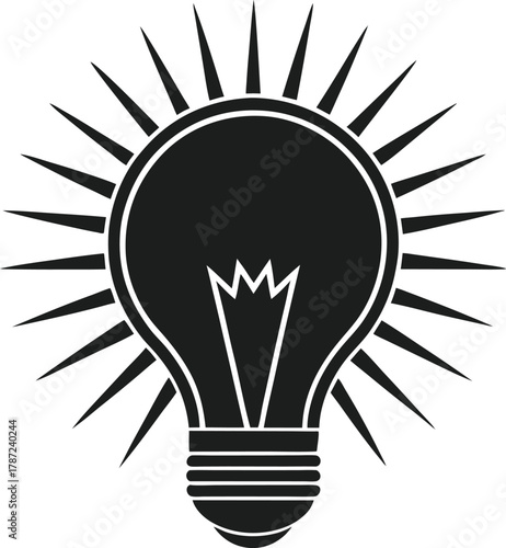 Black silhouette light bulb with radiating lines and filament detail