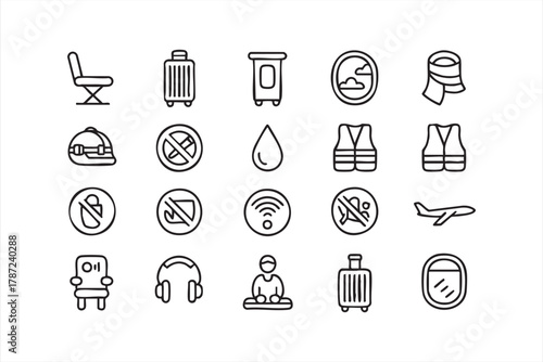 Air travel and airport service icons collection for aviation and tourism graphics