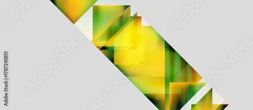Abstract geometric shapes overlap, creating vibrant yellow, green gradients. White space defines composition, offering modern aesthetic.