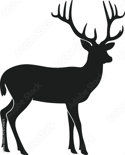 Black silhouette of a stag deer with large antlers standing profile view on white background