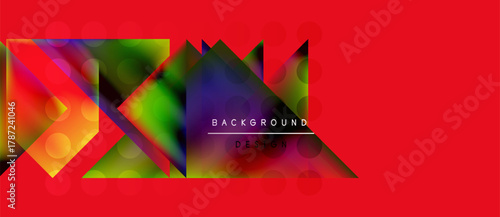 Abstract geometric shapes, vibrant colors, red background. Modern design elements create dynamic visual impact. Minimalist style.