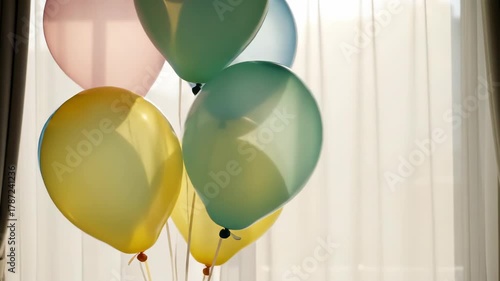 Wallpaper Mural Aesthetic Pastel Balloons Floating in Front of a Window with Soft Curtains for Celebration Torontodigital.ca
