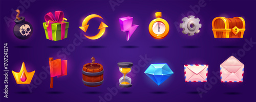 Cartoon vector ui game slot icon set with crown
