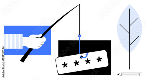 Hand holding fishing rod hooking a password, leaf symbolizing nature, pencil for creativity. Ideal for cybersecurity, phishing awareness, digital safety, hacking, online security, password