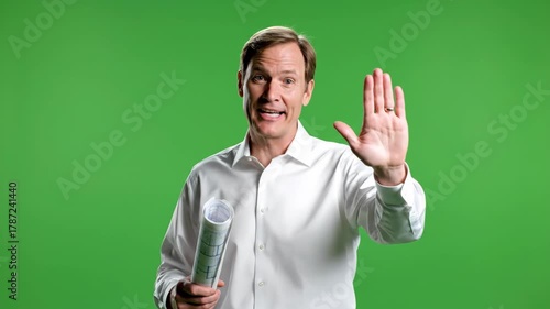 Wallpaper Mural Architect Presenting a Blueprint with Gestures against Green Screen Background Torontodigital.ca