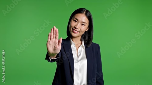 Wallpaper Mural Asian Businesswoman Gesturing Stop on Green Screen, Showing Denial and Disapproval Torontodigital.ca