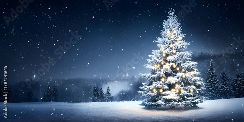 Snow-covered Christmas tree on dark blue.