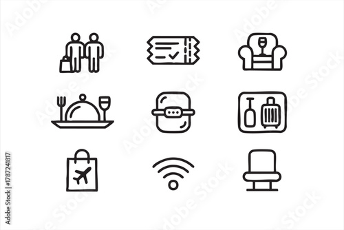 Clean airline vector icons for passenger experience and hospitality branding