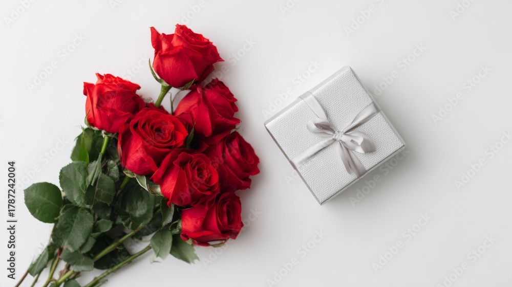 Obraz premium Red, white, and pink roses surrounding a small pink gift box with red ribbon on white background for valentine's day celebration and romantic love concept
