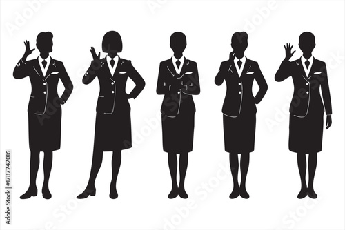 Modern vector silhouettes of flight attendants for aviation and travel visuals