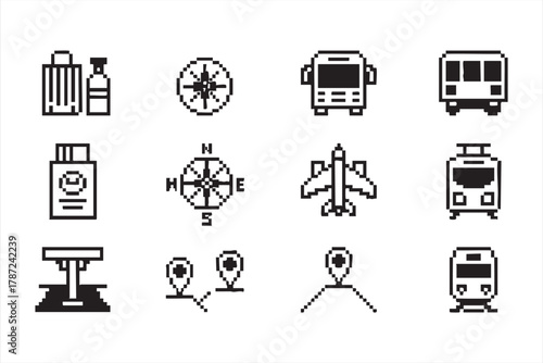 8-bit travel icons featuring passport, plane, and navigation route for retro visuals