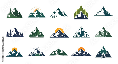 A diverse collection of mountain logo templates, featuring stylized alpine peaks, sunrises, and pine forest elements for adventure branding