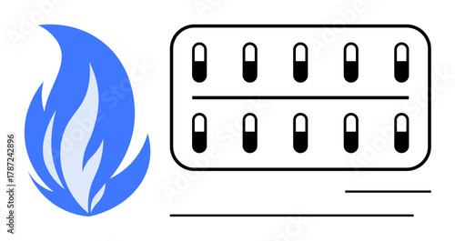 Blue flame and blister pack of capsules linked to health, fire, and energy care. Ideal for medicine, treatment, pain relief, pharmacy, healthcare, wellness simple flat metaphor